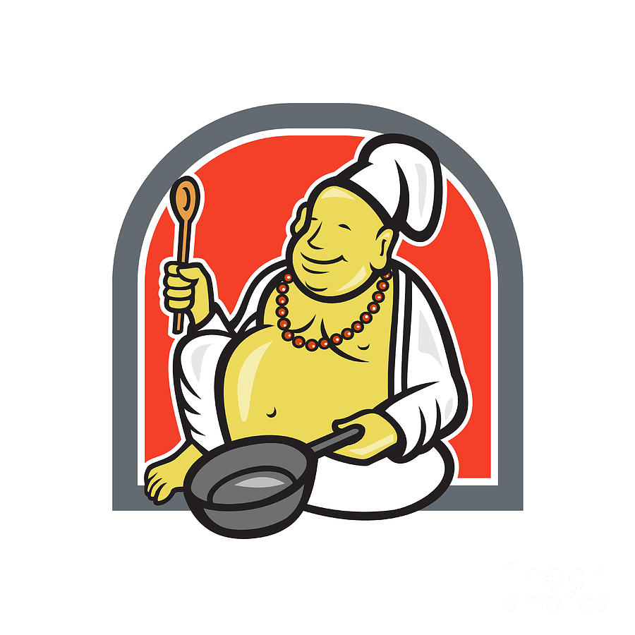 900x900 Fat Happy Buddha Chef Cook Cartoon Digital Art
