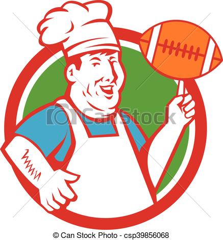 437x470 Fat Chef Cook Twirling Football Circle Retro Illustration