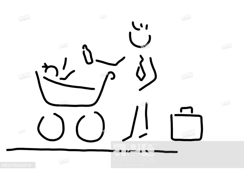 990x700 man as modern father with baby, father's role, line drawing, black