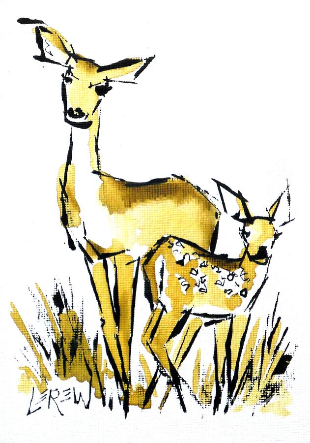 631x900 White Tail Doe And Fawn Deer Drawing