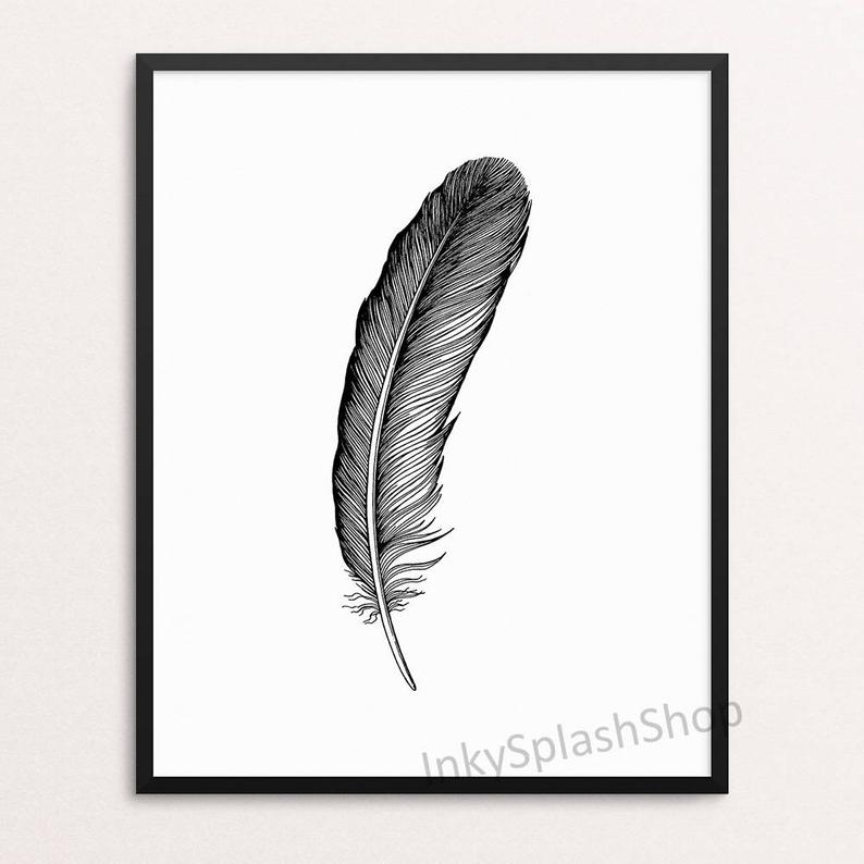 794x794 Feather Art Print Ink Drawing Black And White Boho Wall Decor Etsy