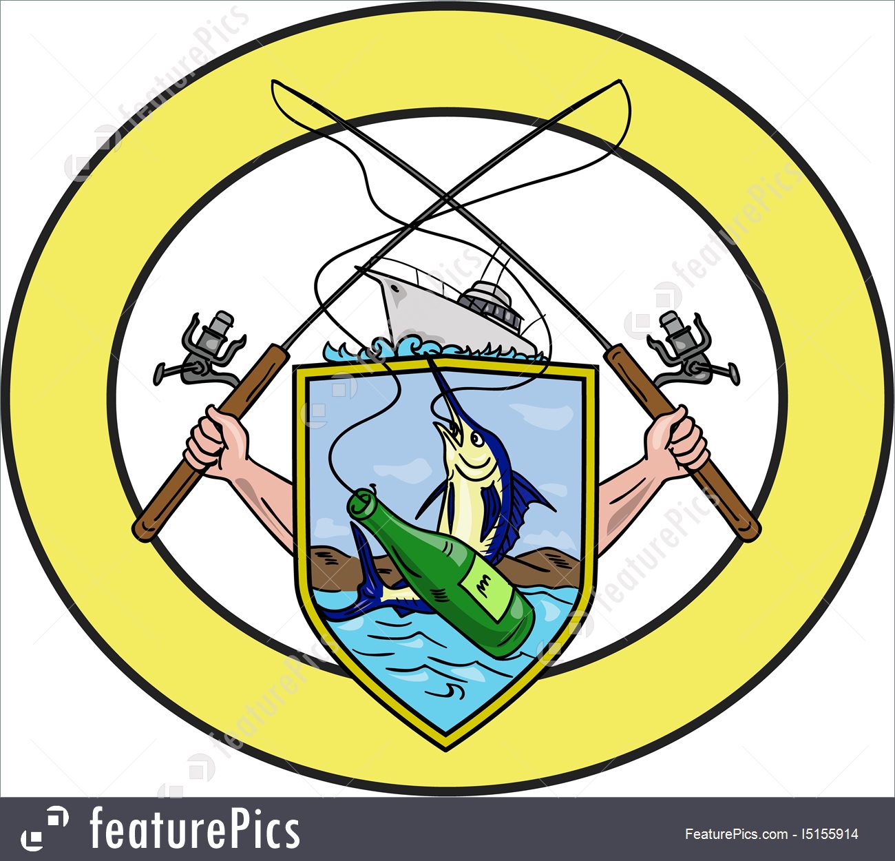 1300x1250 Fishing Rod Reel Blue Marlin Beer Bottle Coat Of Arms Oval Drawing