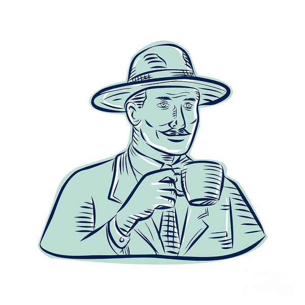 600x600 Man Fedora Hat Drinking Coffee Etching Digital Art