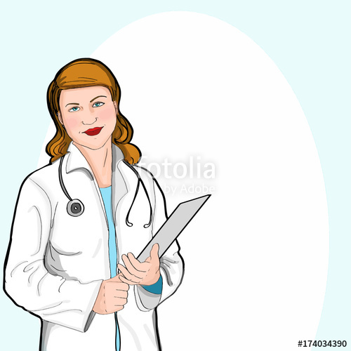 500x500 Standing Female Doctor And White Blue Circle Background And Text