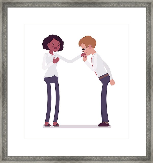 600x641 Male Clerks Hand Kiss Gesture To Female Framed Print