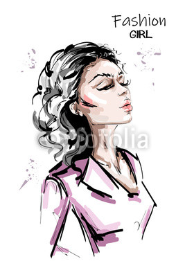 267x400 Hand Drawn Beautiful Young Woman Profile Stylish Elegant Girl