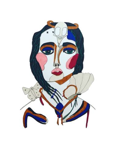 375x469 Woman With Bird Skull, Moth And Poppy Drawing