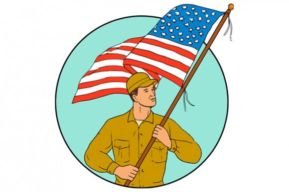 580x387 American Soldier Waving Usa Flag Circle Drawing