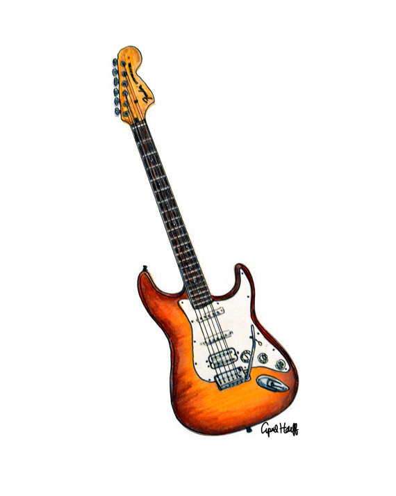 570x713 fender strat guitar print wall art, music drawing, illustration