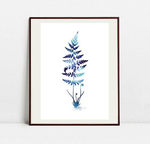570x546 fern art botanical print leaf watercolor painting fern blue etsy