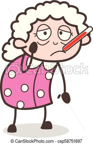 305x470 cartoon ill old woman with fever temperature in mouth vector