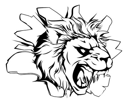 450x361 Cartoon Fierce Lion Mascot Animal Character Breaking Through