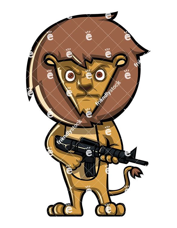585x755 Lion Holding A Rifle Gun Cartoon Clipart