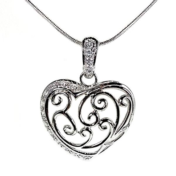 600x600 Filigree Heart Pendant Necklace Silver Plated Cubic Zirconia