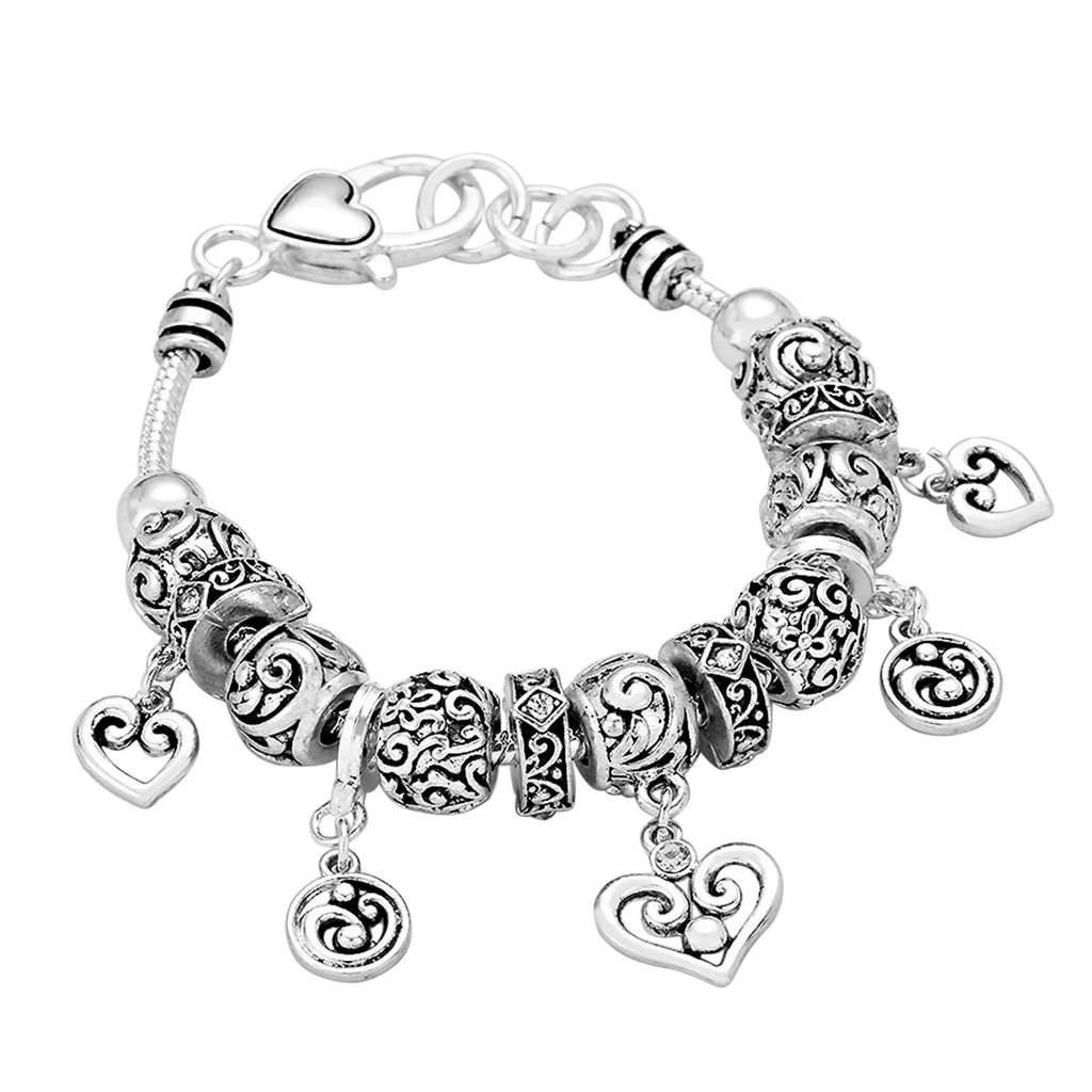 1024x1024 Antique Silver Filigree Heart Charm Bracelet With Crystal Accents