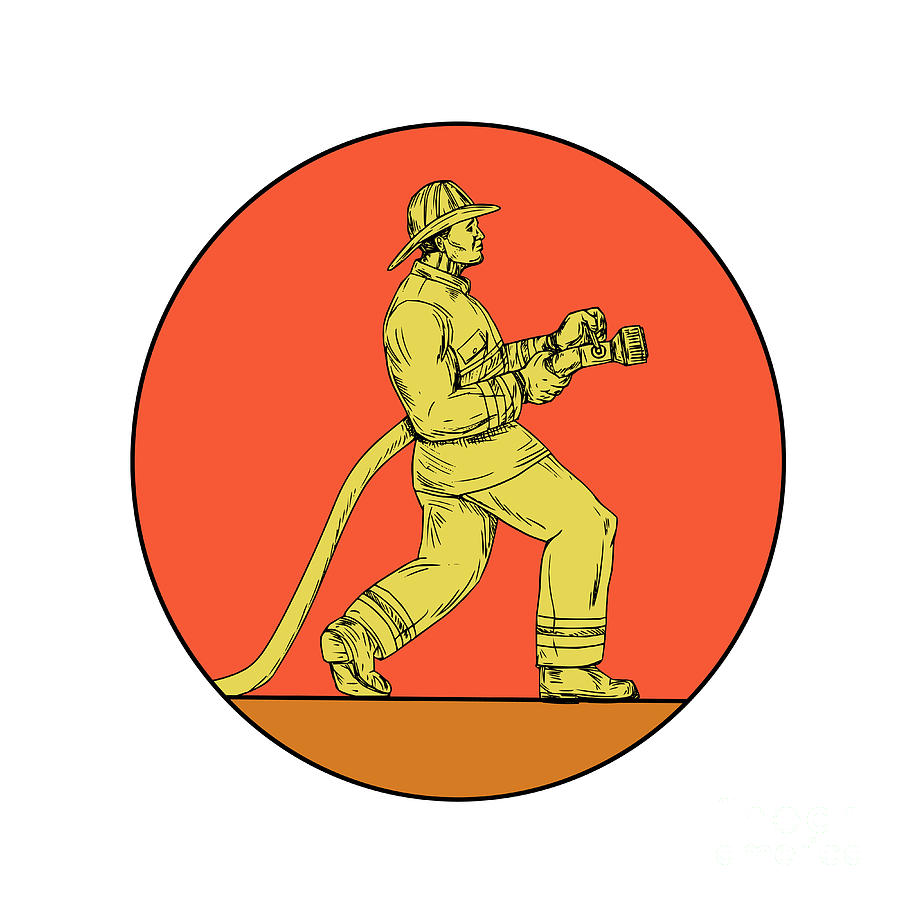 900x900 Fireman Firefighter Holding Fire Hose Circle Drawing Digital Art