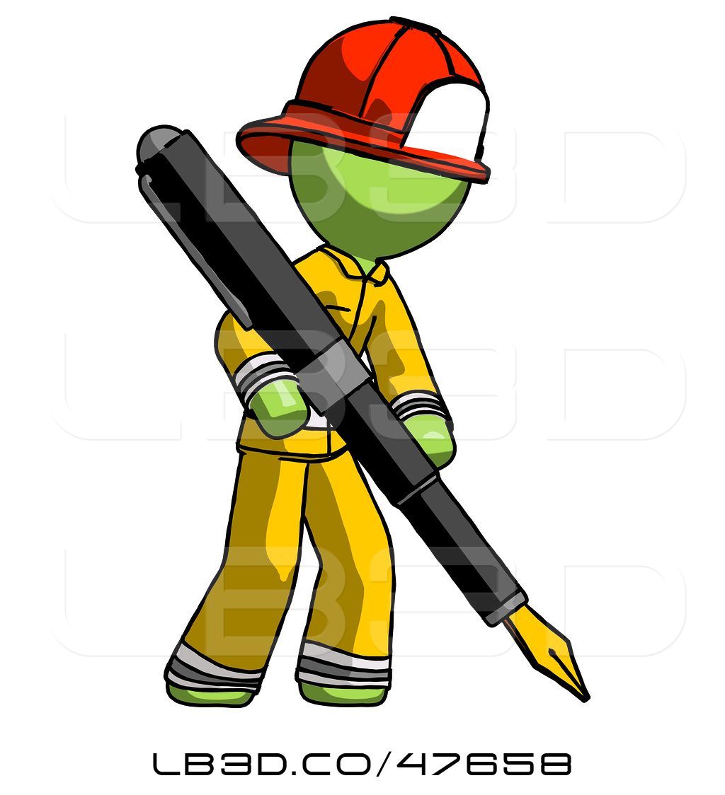 1024x1124 illustration of green fireman fireman guy drawing or writing