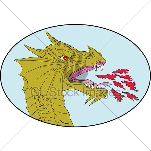 500x500 Dragon Head Breathing Fire Oval Drawing Gl Stock Images