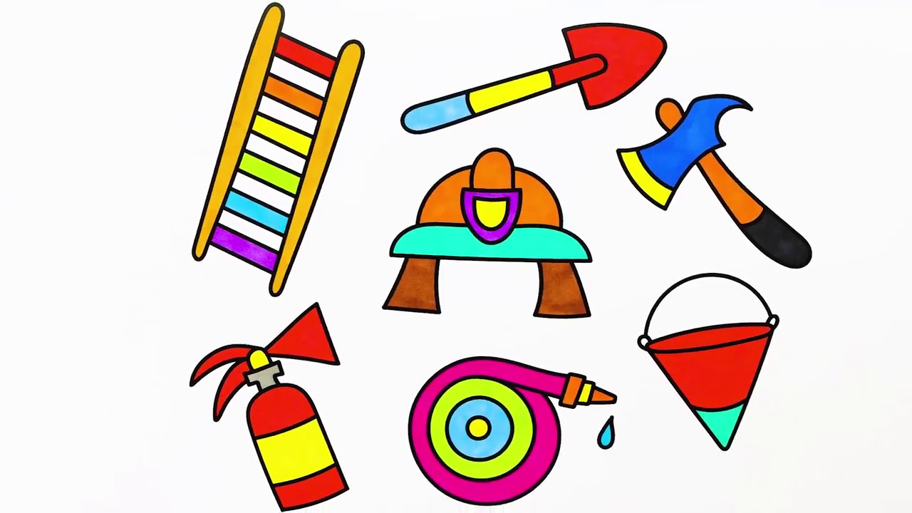 1280x720 Drawing And Coloring Kit Of Firefighter, Axe, Shovel, Fire