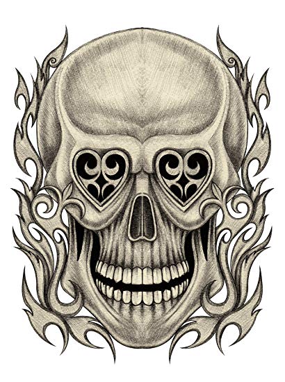 410x550 Pencil Sketch Skull With Heart Eyes And Fire Swirls