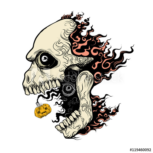 500x500 Evil Skull In Fire Hand Draw Vector Cartoon Illustration