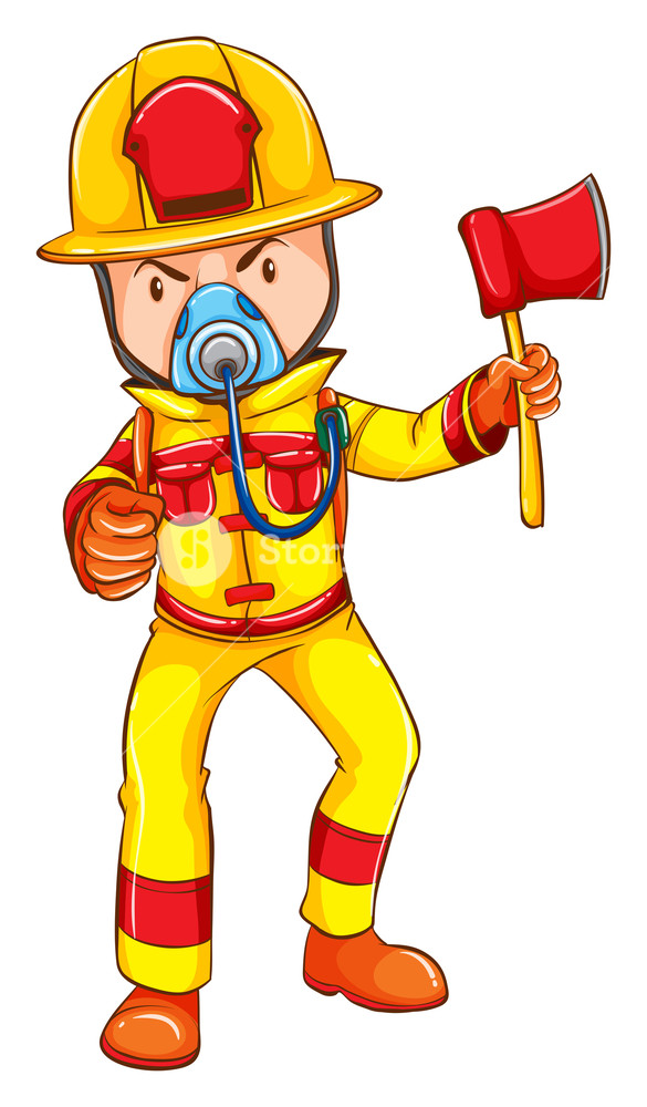 585x1000 A Drawing Of A Fireman Wearing A Yellow Uniform On A White
