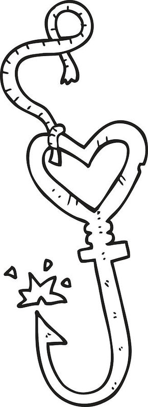 290x798 Black And White Cartoon Love Heart Fish Hook Art Print