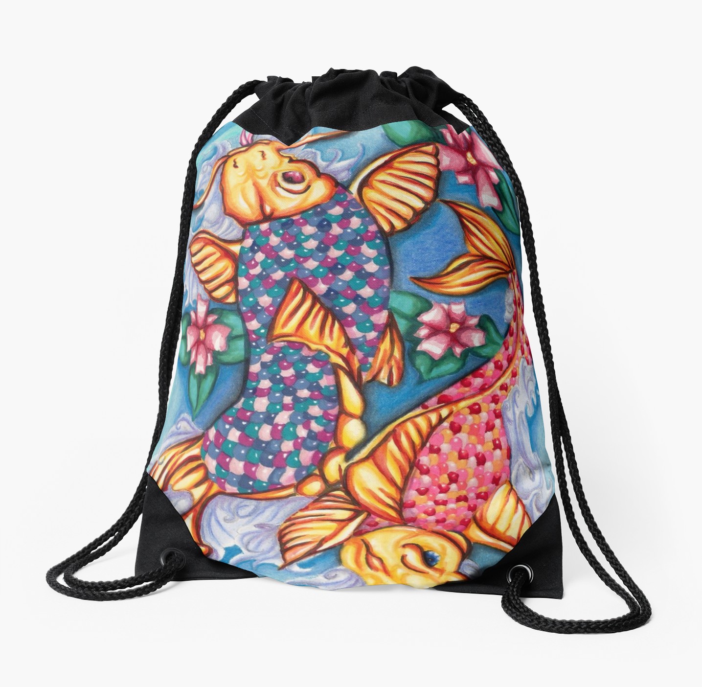 1435x1404 koi fish jellybean pond drawing drawstring bag