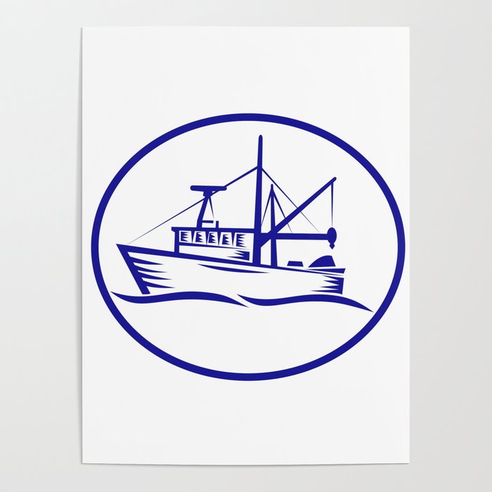 700x700 Commercial Fishing Boat Oval Woodcut Poster