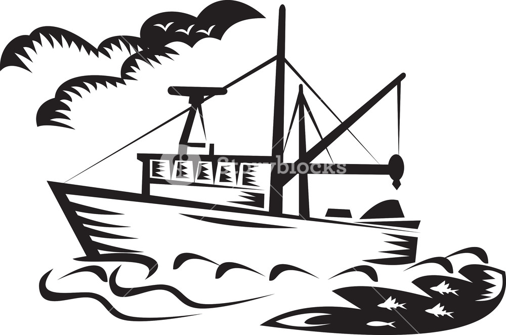 1000x662 Commercial Fishing Boat Ship Sea Woodcut Royalty Free Stock Image