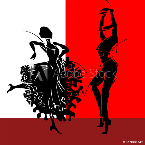 500x500 Flamenco Couple Dancer, Hand Draw Silhouette
