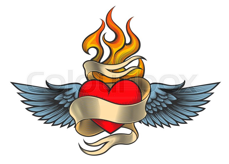 800x572 Flaming Heart With Wings And Ribbon Stock Vector Colourbox