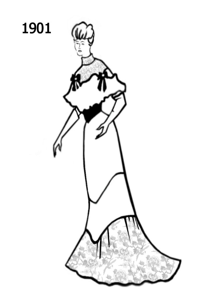 734x1024 fitted bodice with deep waistband, three quarter length sleeves