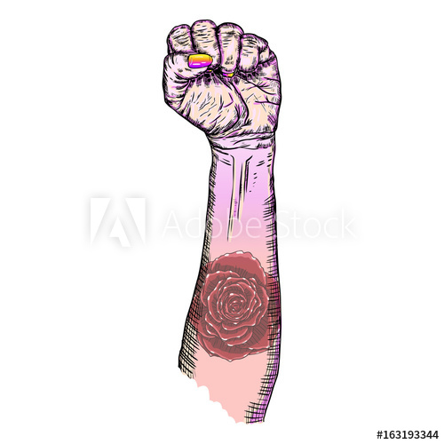 500x500 Woman's Hand Fist Raised Up Freedom Sign With Rose Flash Tattoo