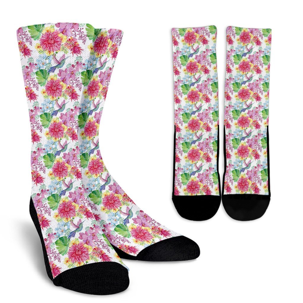 1024x1024 Hummingbird White Floral Drawing Pattern Print Unisex Crew Socks