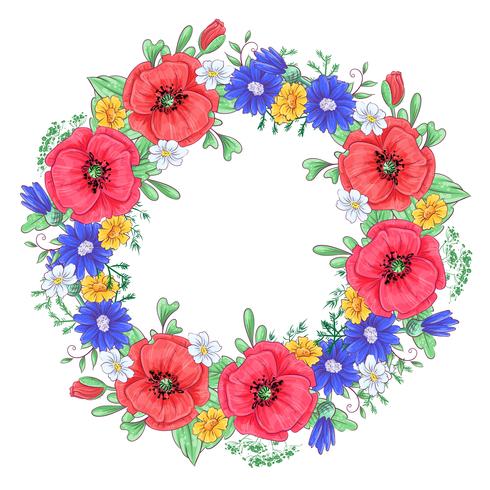 490x490 A Wreath Of Red Poppies And Daisies Hand Drawing Vector