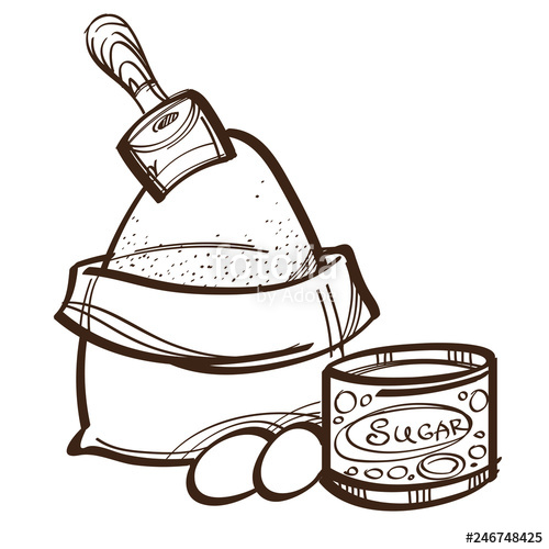 500x500 Vector Monochrome Set Of Flour In Bag, Eggs And Sugar