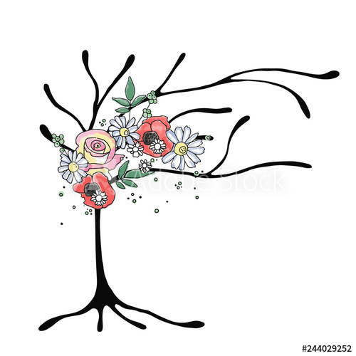 500x500 Vector Hand Drawn Graphic Illustration Of Tree With Flowers