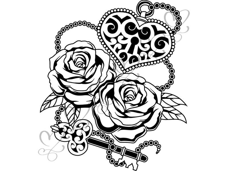 794x597 tattoo rose padlock flower chain creativity print key luck etsy