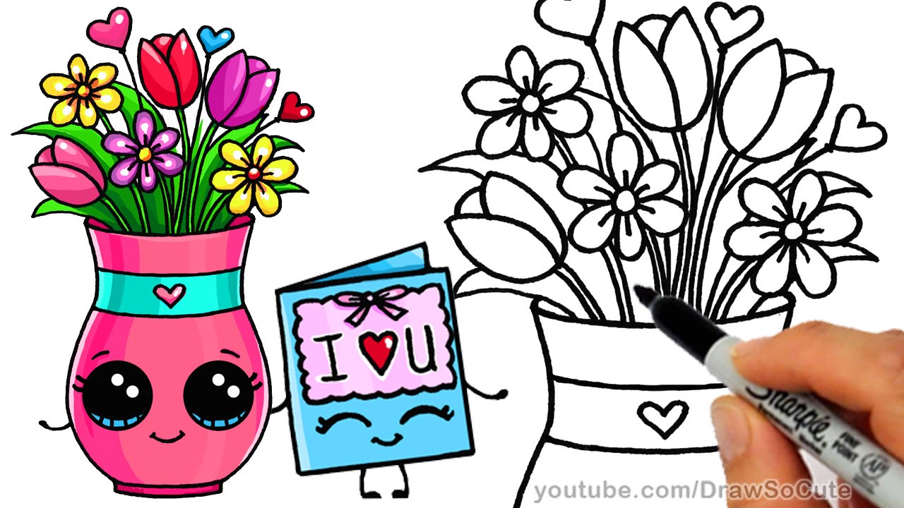 1280x720 How To Draw Cartoon Flowers With Vase Easy Kids Youtube