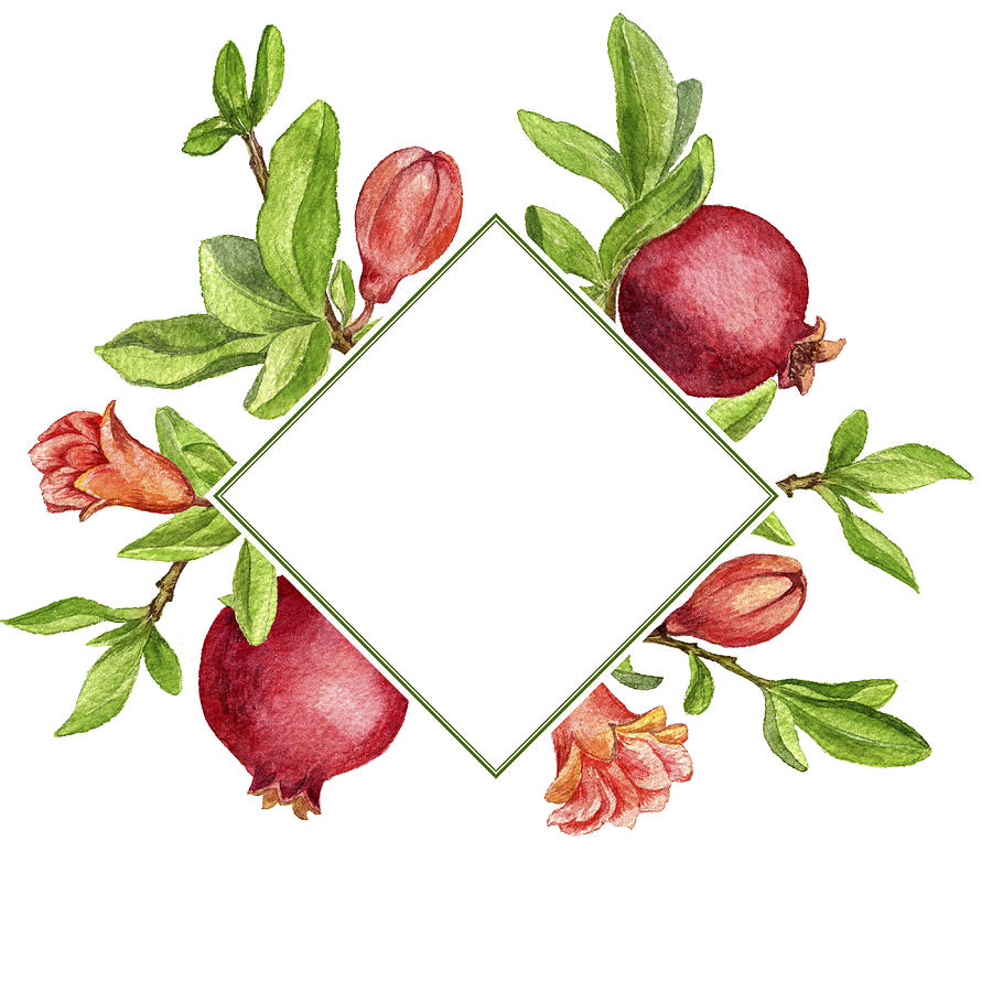 900x900 Template With Fruit Tree Branches, Leaves,flower And Pomegranates