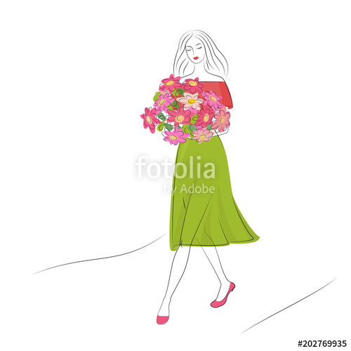 500x500 Romantic Graceful Cute Girl With Flowers In Pink Green Dress
