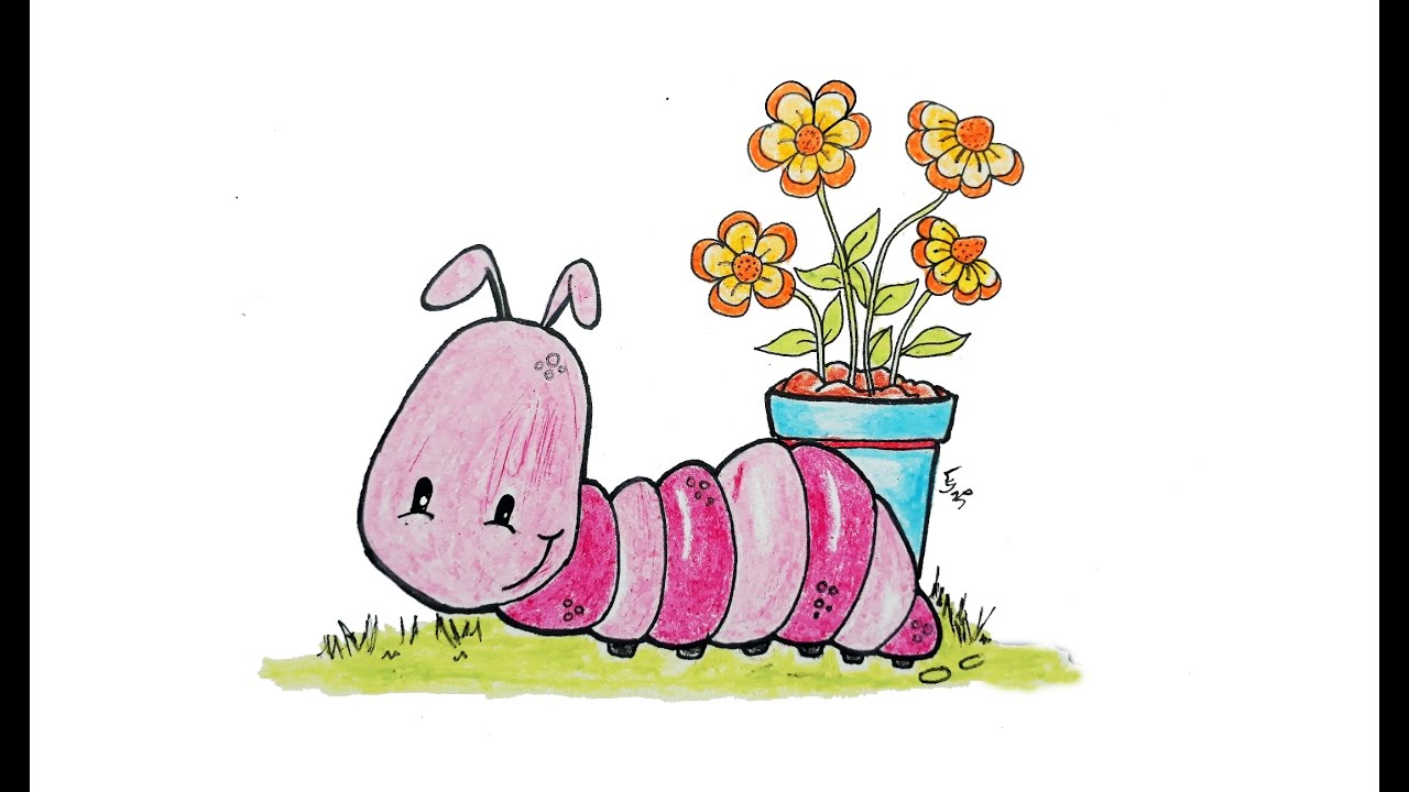 1280x720 Worm And Flower Pot Drawing Coloring For Kids