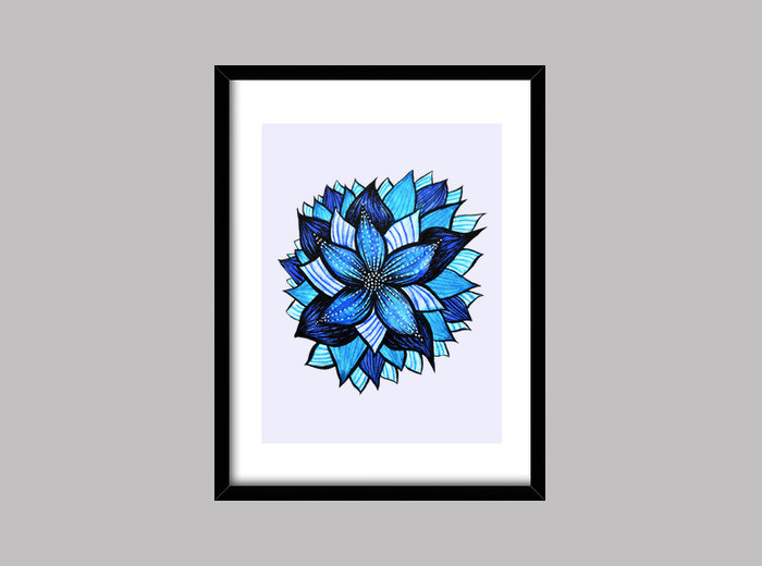 700x520 Abstract Blue Flower Ink Drawing Framed Print