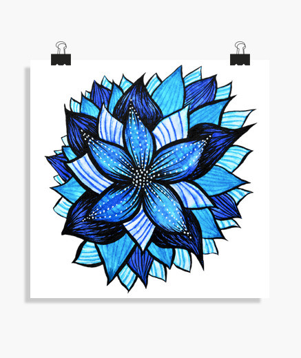 437x520 Abstract Blue Flower Ink Drawing Poster