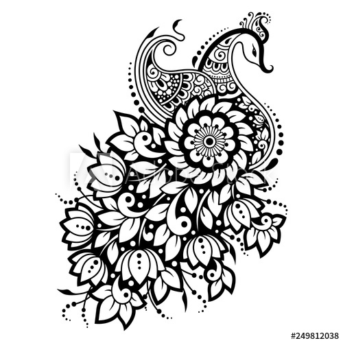 500x500 mehndi flower pattern with peacock for henna drawing and tattoo
