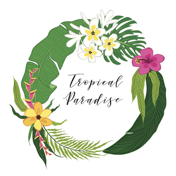 600x600 Beautiful Tropical Flowers And Palm Leaves Wreath As Frame Art