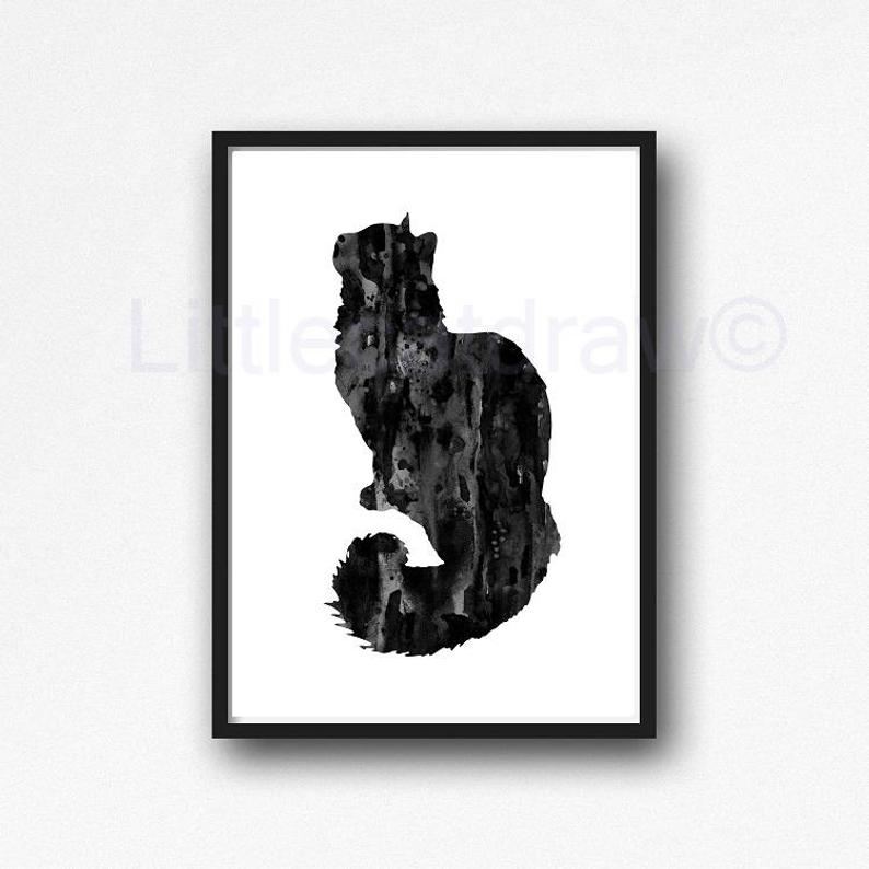 794x794 Fluffy Black Cat Print Watercolor Painting Print Cat Wall Art Etsy