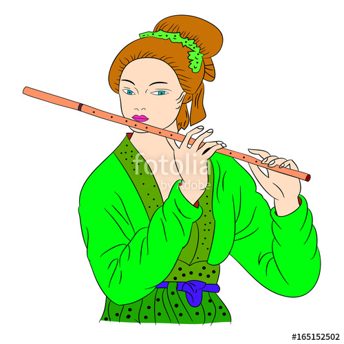 500x500 asian woman is playing the flute oriental style painting hand