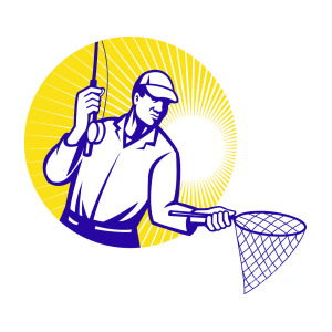 300x300 Fly Fisherman Fishing Net Retro Woodcut Digital Art